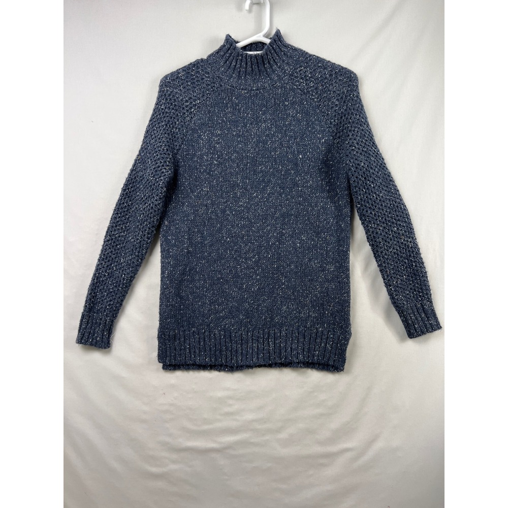 prAna Mock Neck Sweater Womens Medium Blue Wool Silk Blend Marled Chunky Knit